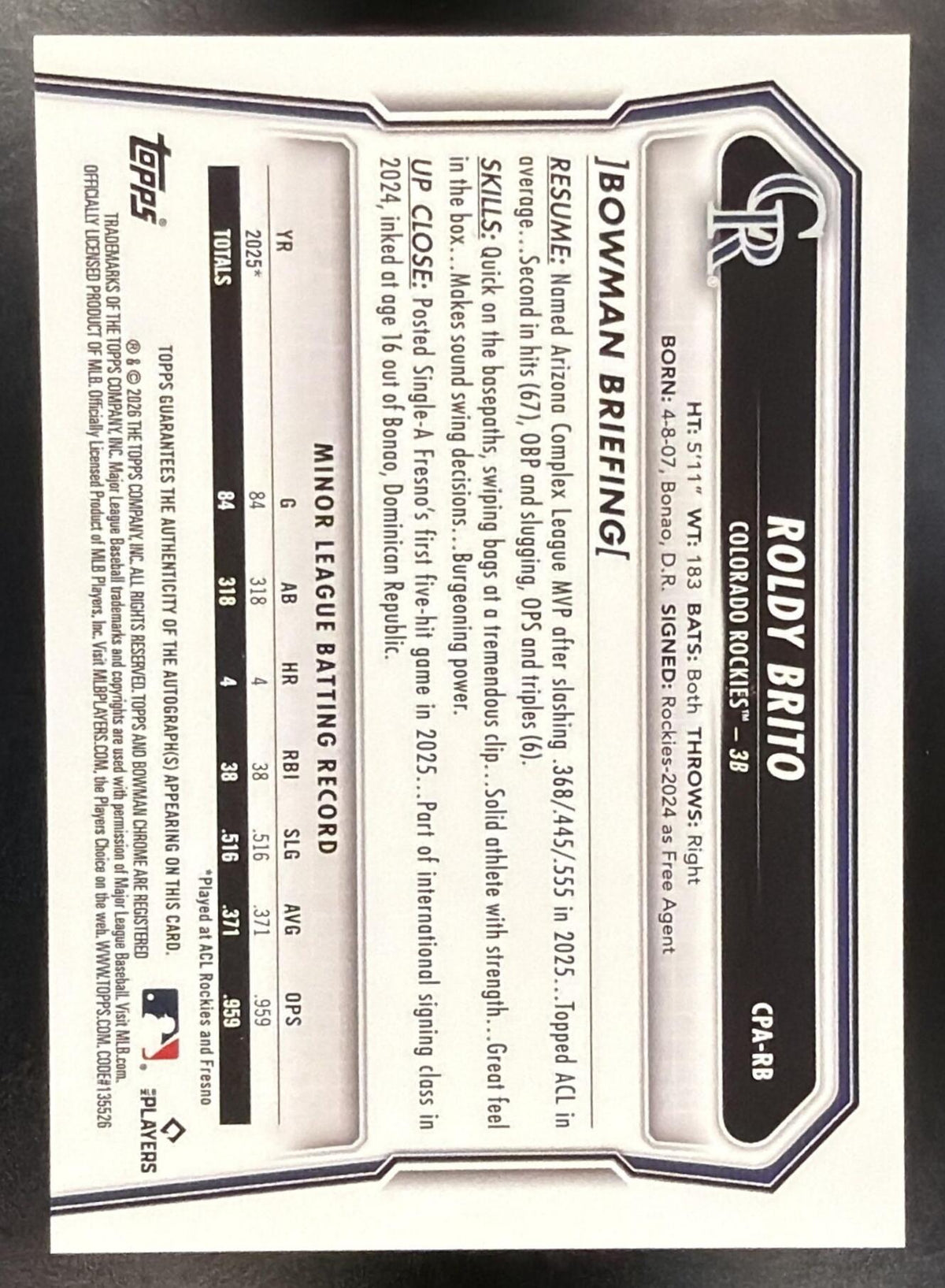 2026 Bowman Roldy Brito #CPA-RB Chrome Auto Purple Refractor /250 1st Prospect