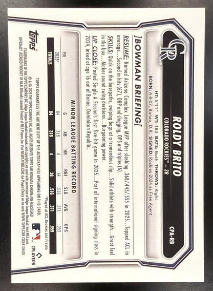 2026 Bowman Roldy Brito #CPA-RB Chrome Auto Purple Refractor /250 1st Prospect