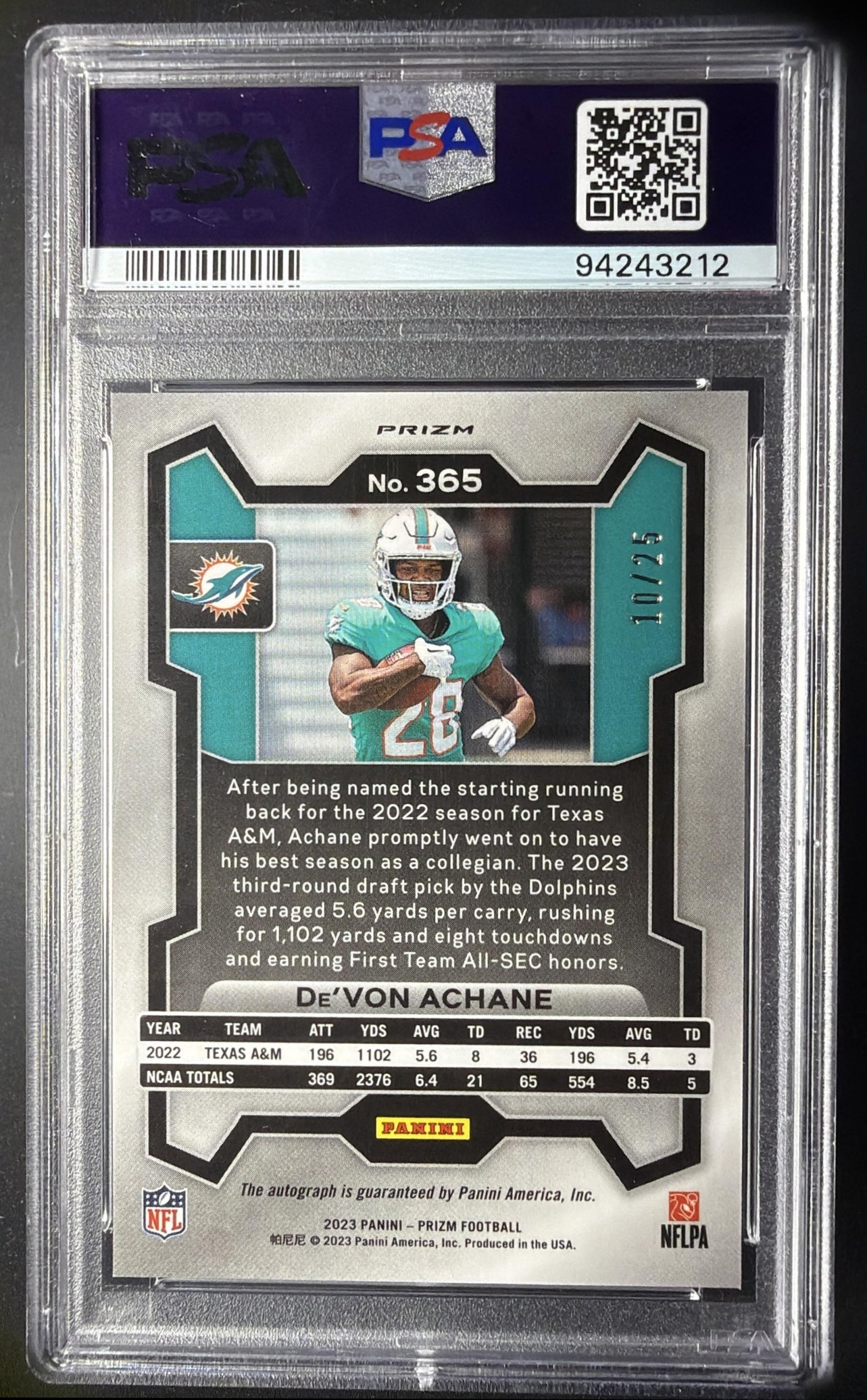 2023 Panini Prizm De'Von Achane #365 Rookie Auto Camo 10/25 RC PSA