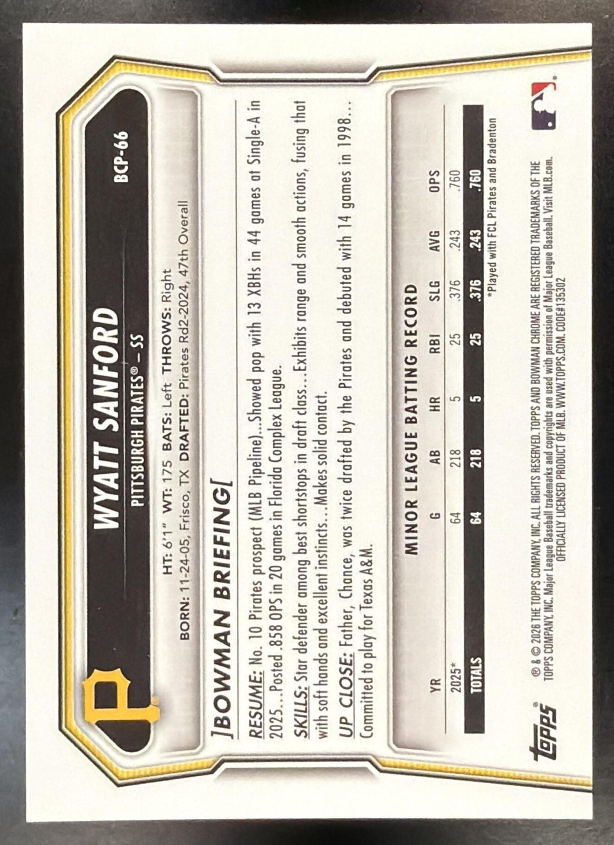 2026 Bowman Sapphire Wyatt Sanford #BCP-66 Chrome Gold Refractor 13/50 1st Prospect