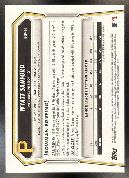 2026 Bowman Sapphire Wyatt Sanford #BCP-66 Chrome Gold Refractor 13/50 1st Prospect