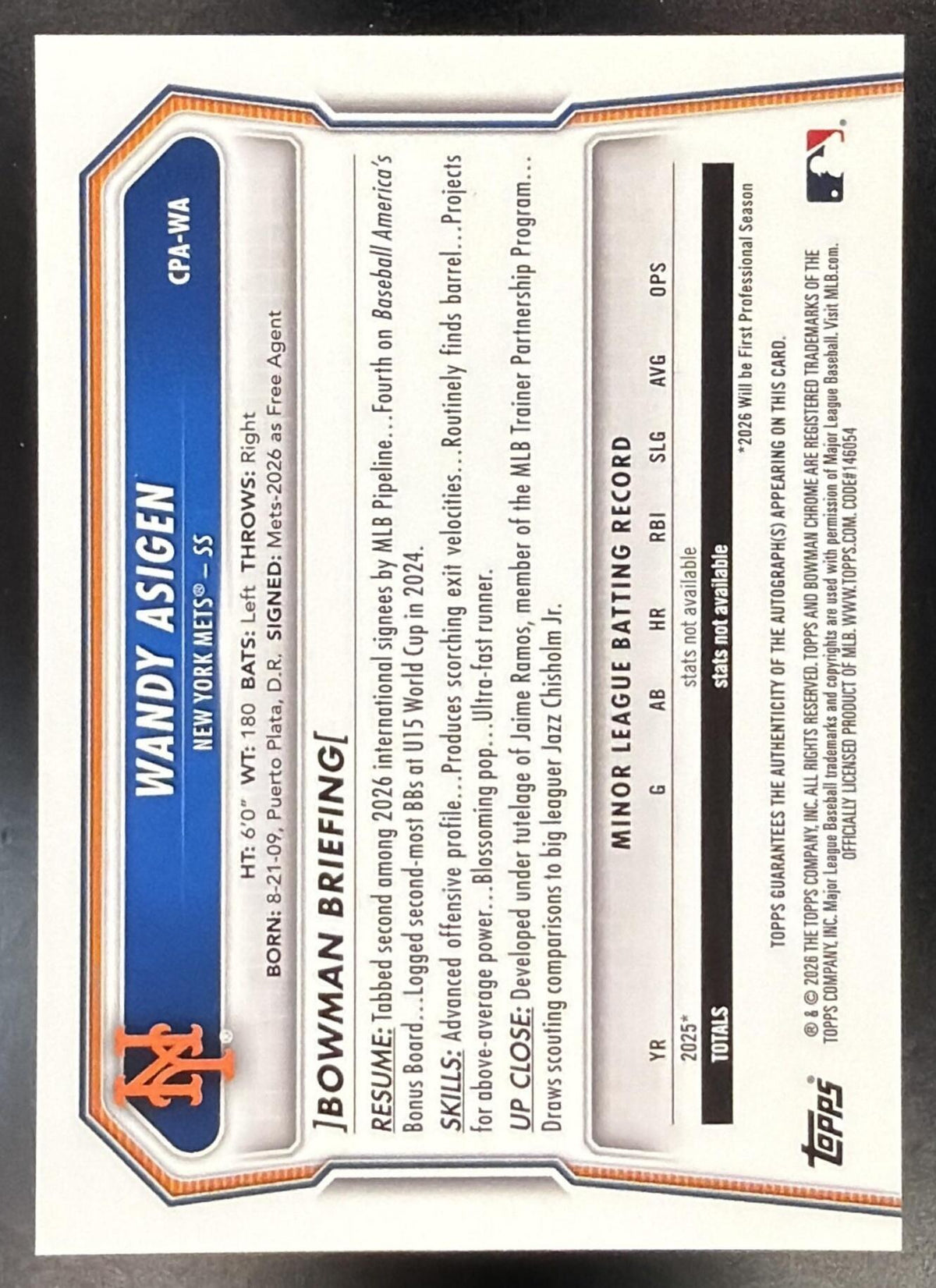 2026 Bowman Chrome Wandy Asigen #CPA-WA Auto 1st NY Mets