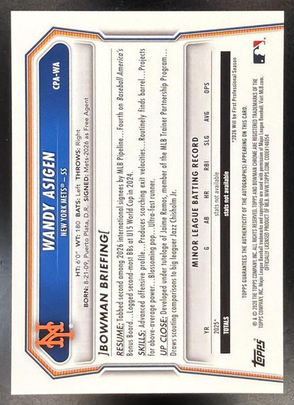 2026 Bowman Chrome Wandy Asigen #CPA-WA Auto 1st NY Mets