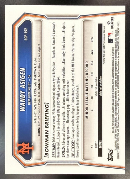 2026 Bowman Chrome Wandy Asigen #BCP-152 Gold Geometric Refractor 22/50 1st Prospect