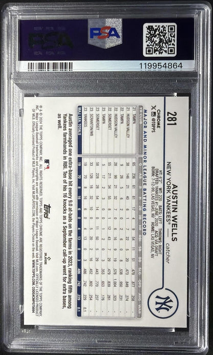 2024 Topps Chrome Austin Wells #281 Blue Refractor /150 RC PSA 10