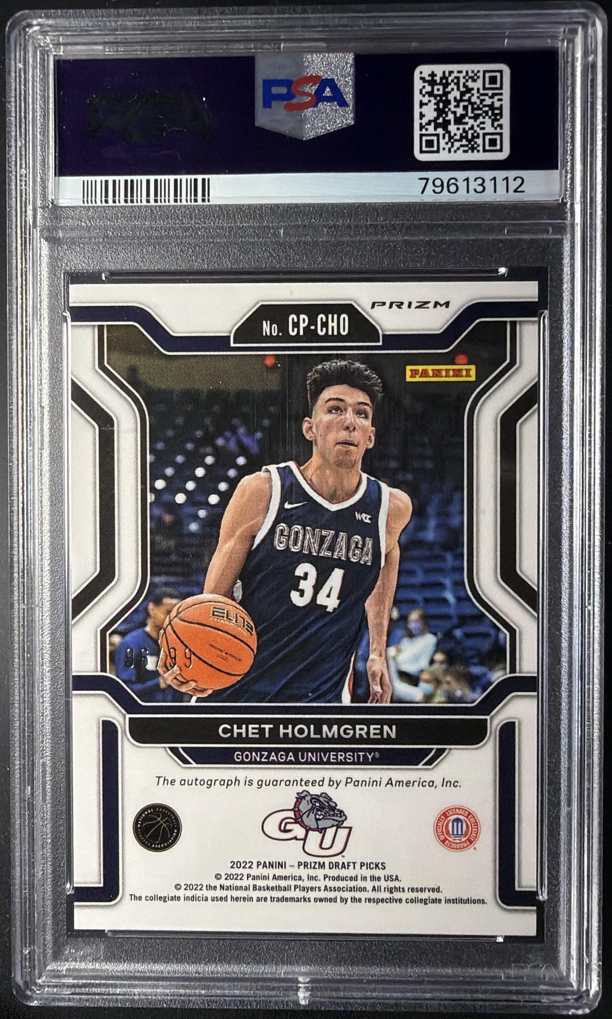 2022 Panini Prizm Draft Picks Chet Holmgren #CP-CHO /99 Purple Ice RC Auto PSA 9