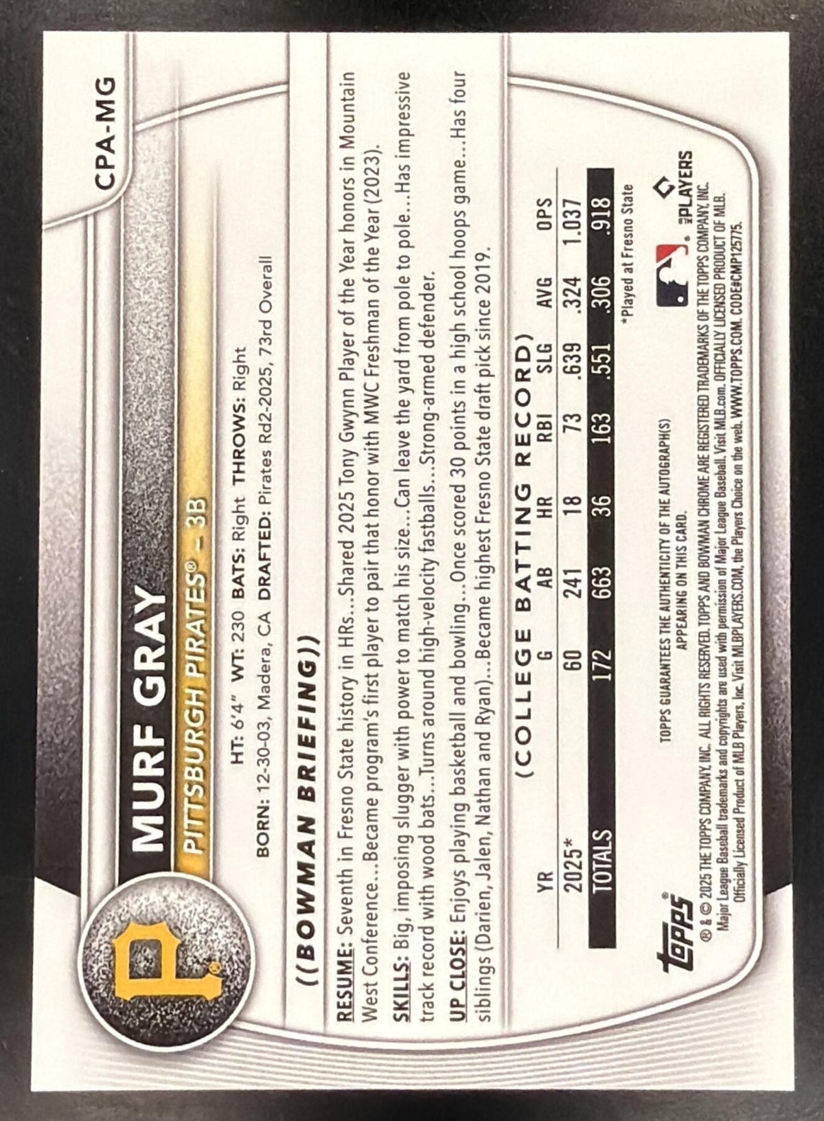 2025 Bowman Chrome Baseball Murf Gray #CPA-MG 1st Auto