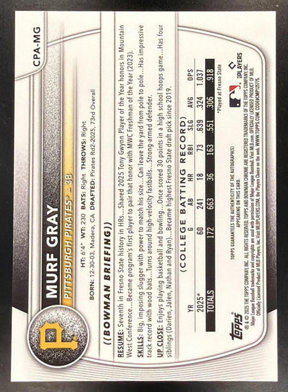 2025 Bowman Chrome Baseball Murf Gray #CPA-MG 1st Auto
