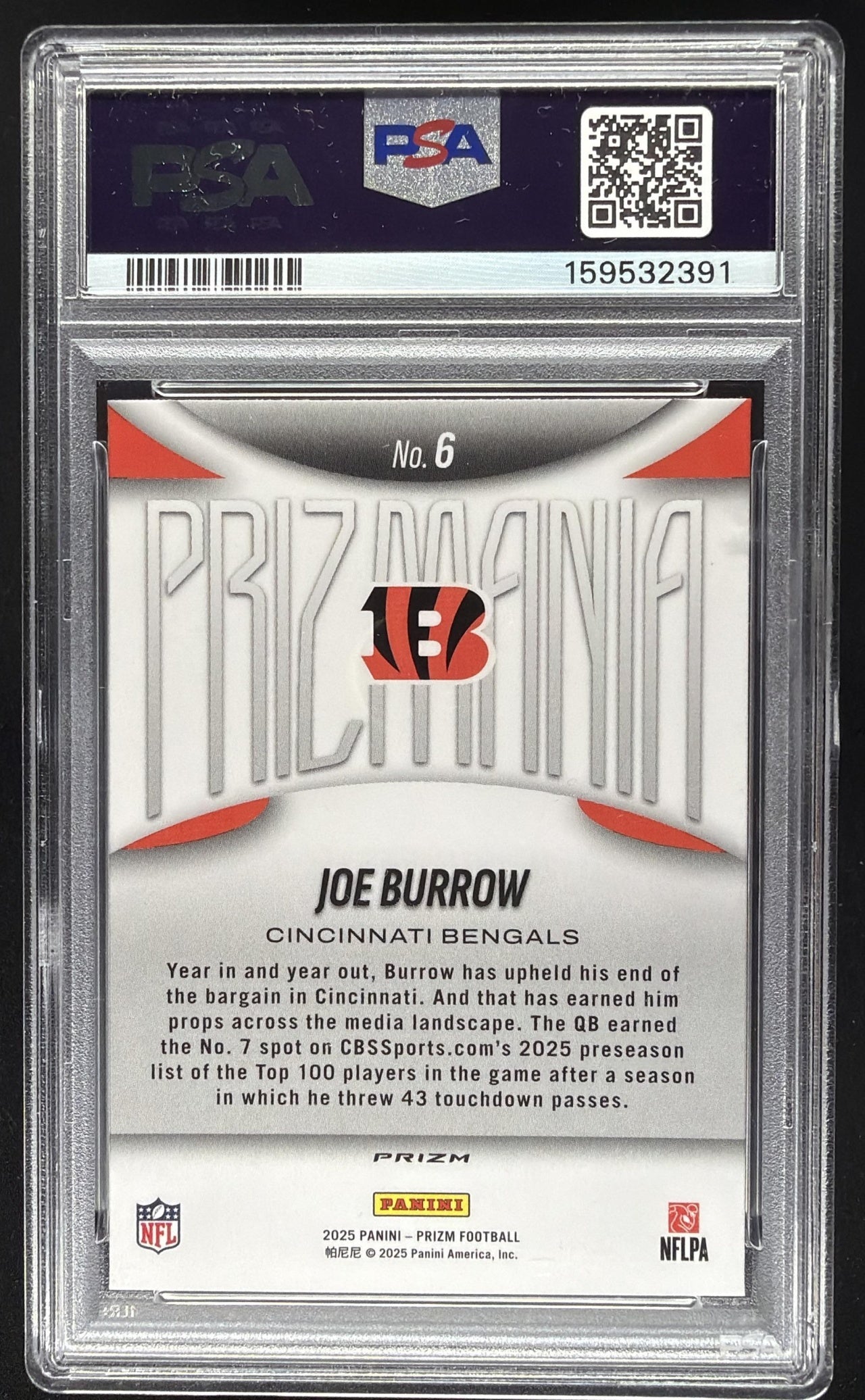 2025 Panini Prizm Joe Burrow #6 Prizmania SP PSA 9