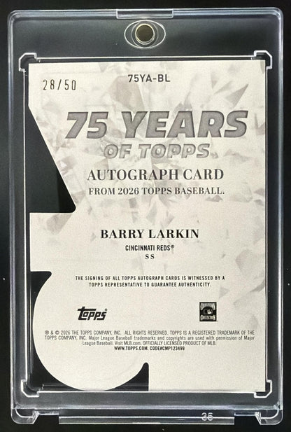 2026 Topps Series 1 Barry Larkin #75YA-BL 75 Years of Die-Cut Auto Gold 28/50