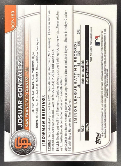 2025 Bowman Chrome Josuar Gonzalez #BCP-153 Purple Wave Refractor 218/250 1st Prospect