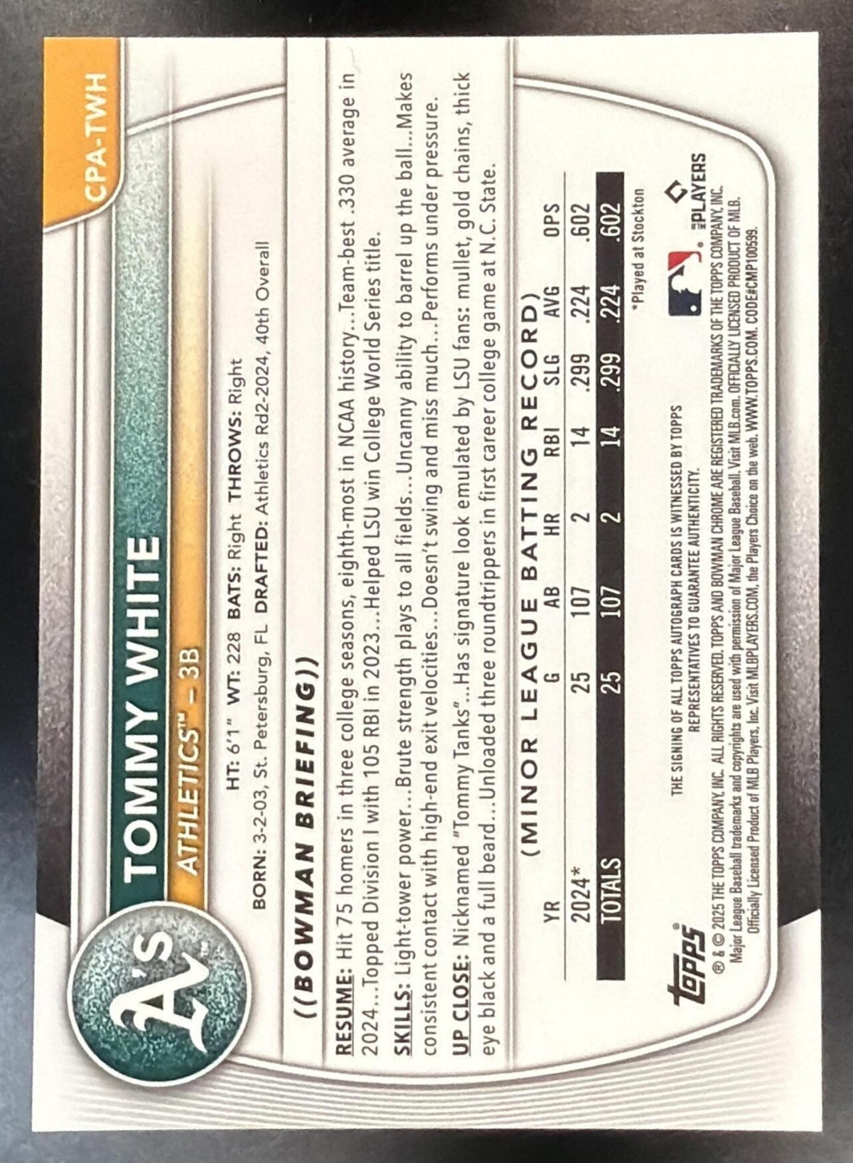 2025 Bowman Chrome Baseball Tommy White #CPA-TWH Auto Mini Diamond Refractor 027/100 1st