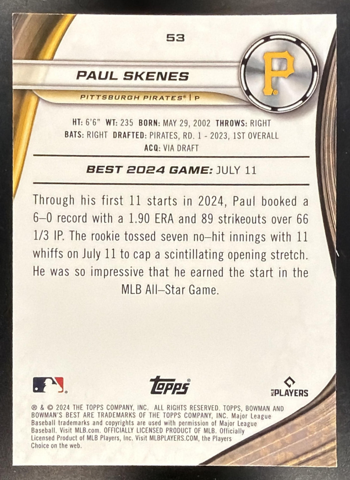 2024 Bowman's Best Paul Skenes #53 Mini Diamond Refractor 211/299 RC