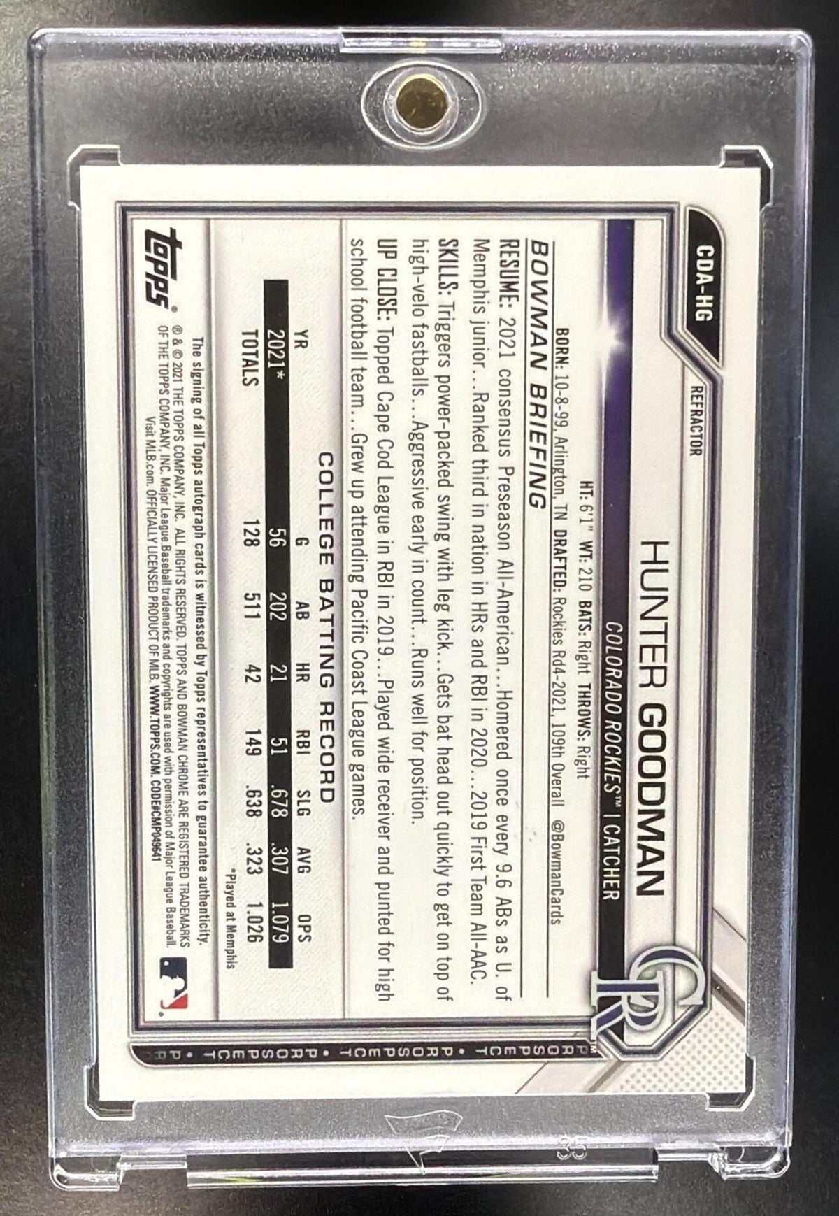 2021 Bowman Draft Hunter Goodman #CDA-HG Chrome Pick Auto Refractor 309/499