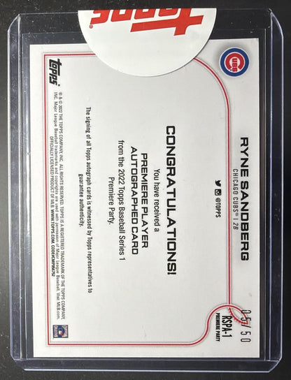 2022 Topps Ryne Sandberg Premiere Party Auto /50 Blue Jersey
