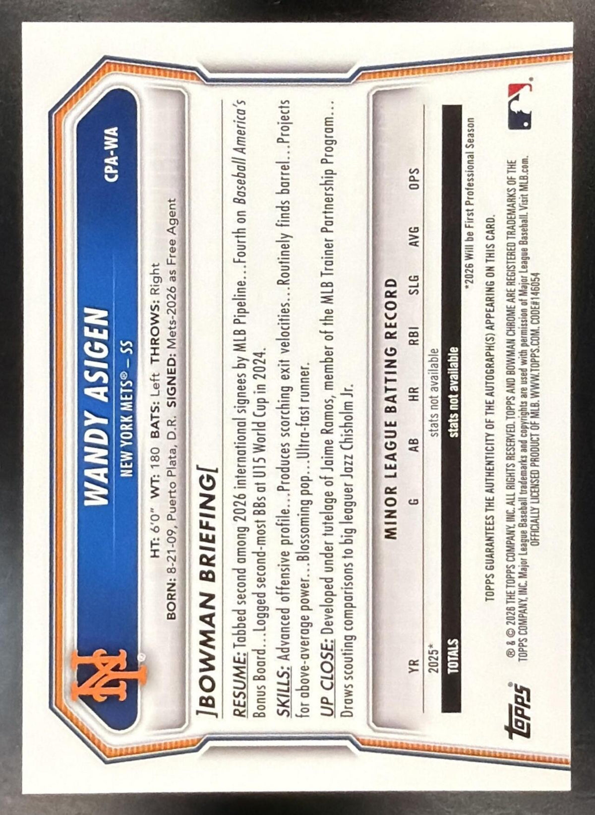 2026 Bowman Chrome Wandy Asigen #CPA-WA Auto 1st Prospect