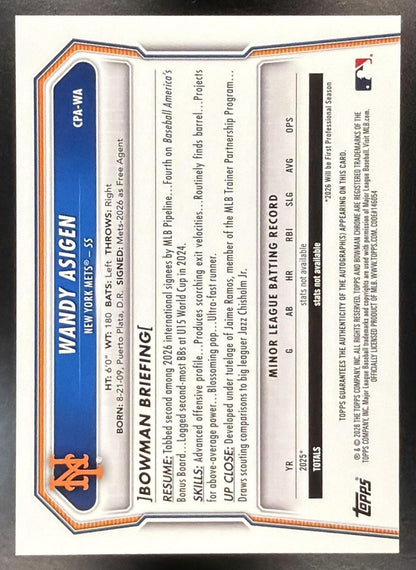 2026 Bowman Chrome Wandy Asigen #CPA-WA Auto 1st Prospect