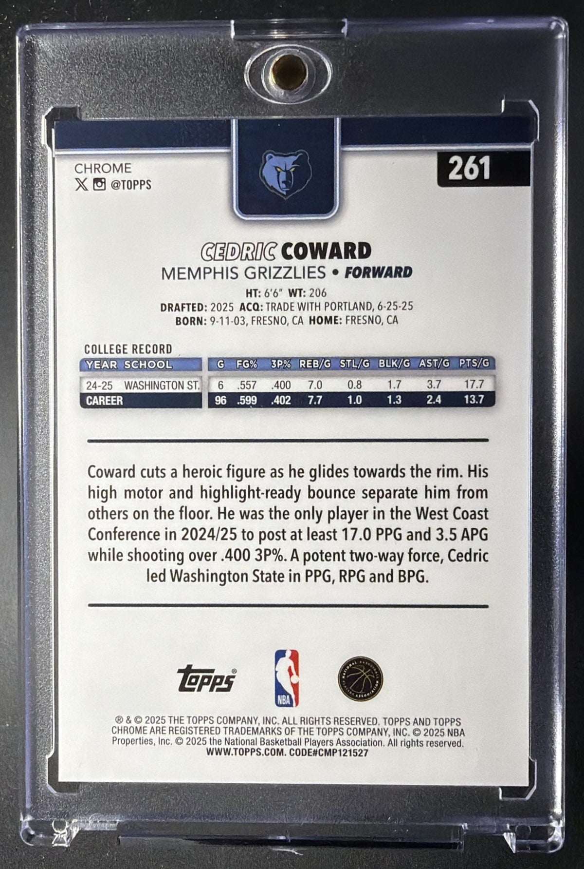 2025-26 Topps Chrome Cedric Coward #261 Gold Basketball Refractor 21/50 RC