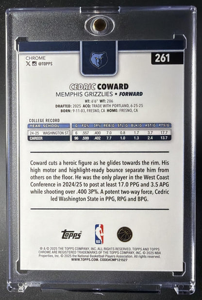 2025-26 Topps Chrome Cedric Coward #261 Gold Basketball Refractor 21/50 RC