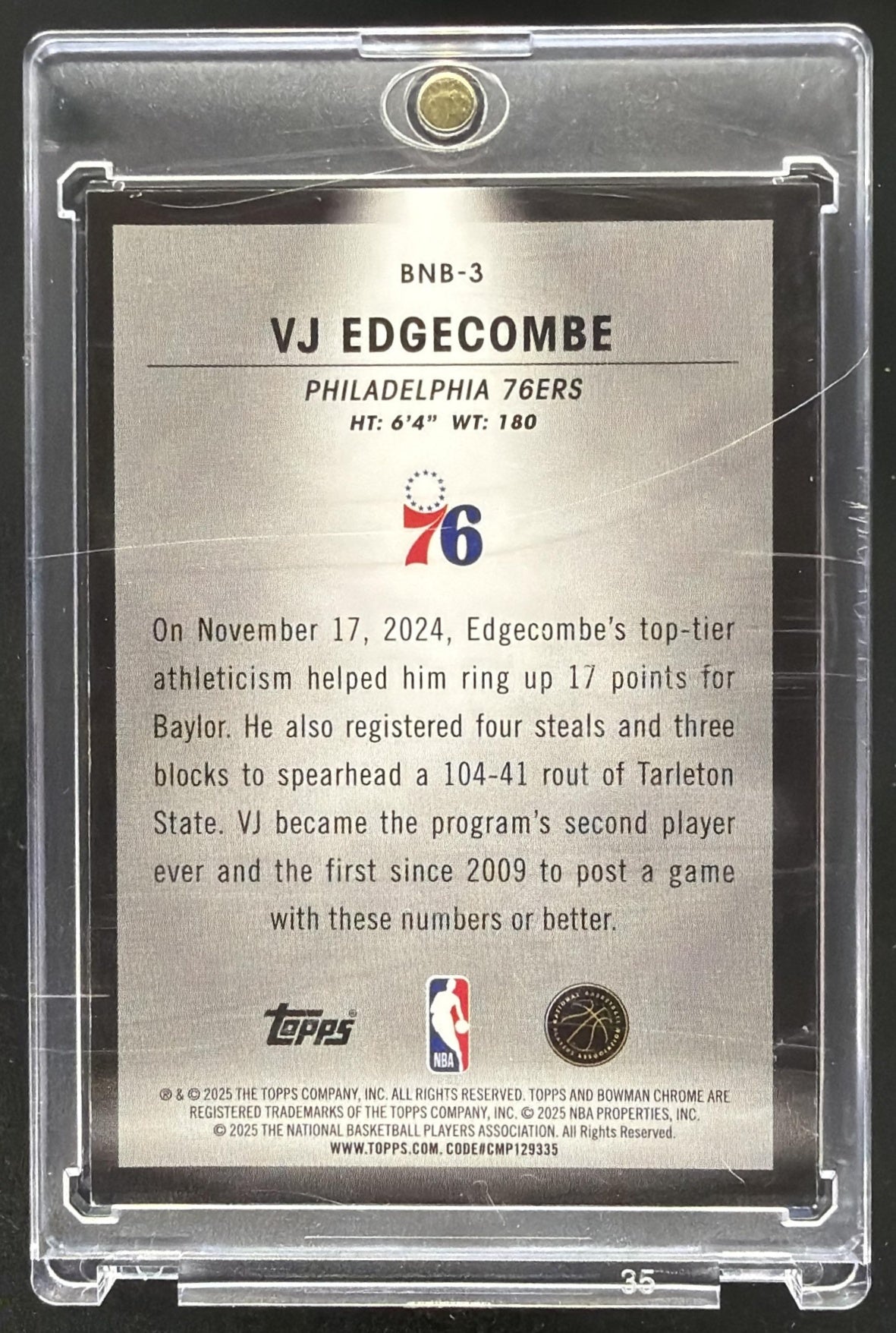 2025-26 Bowman VJ Edgecombe #BNB-3 Spotlights SP RC