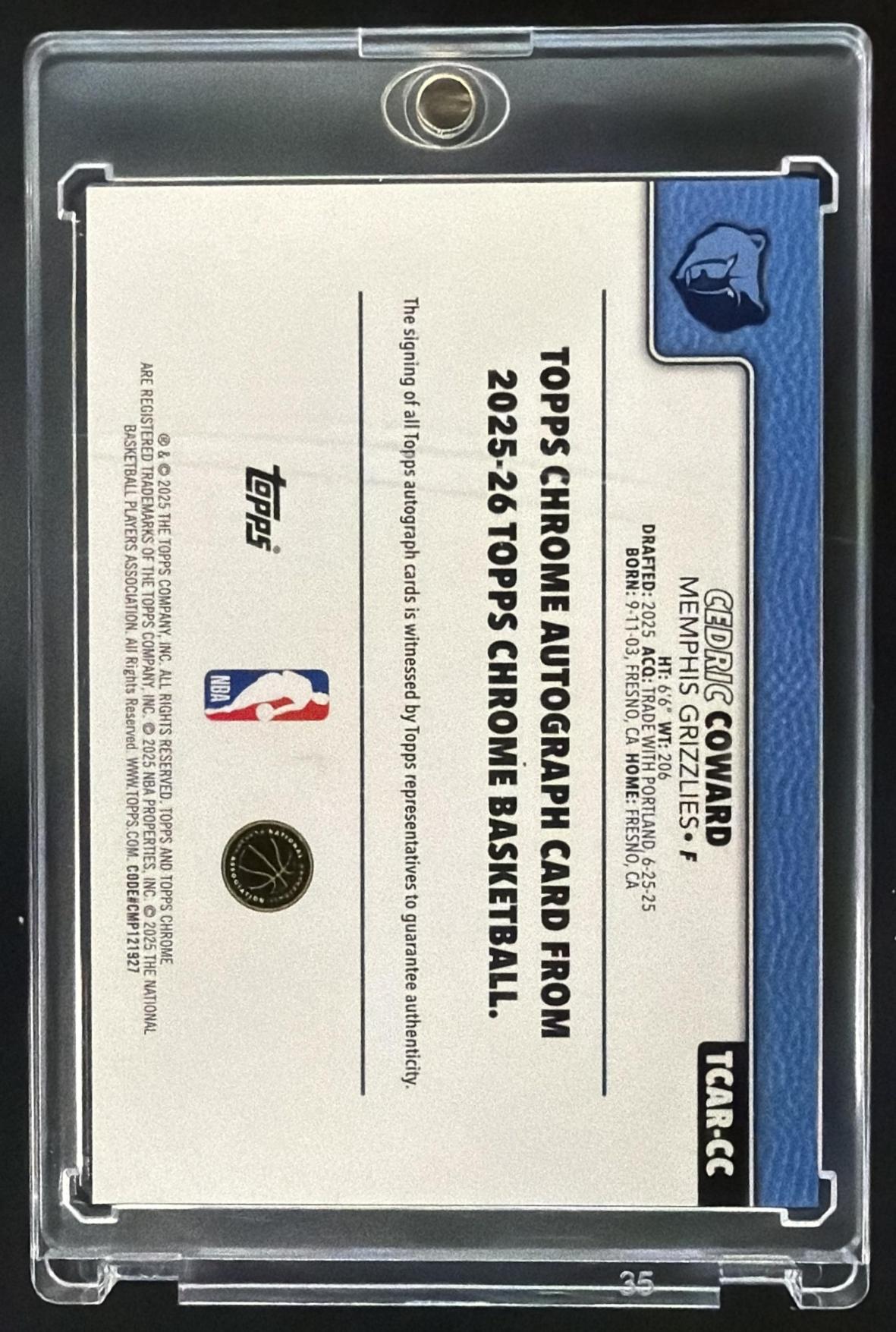 2025-26 Topps Chrome Cedric Coward #TCAR-CC Rookie Auto RC