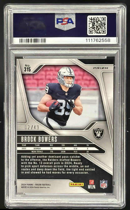 2024 Panini Prizm Brock Bowers #315 Purple No Huddle 2/49 RC PSA 9