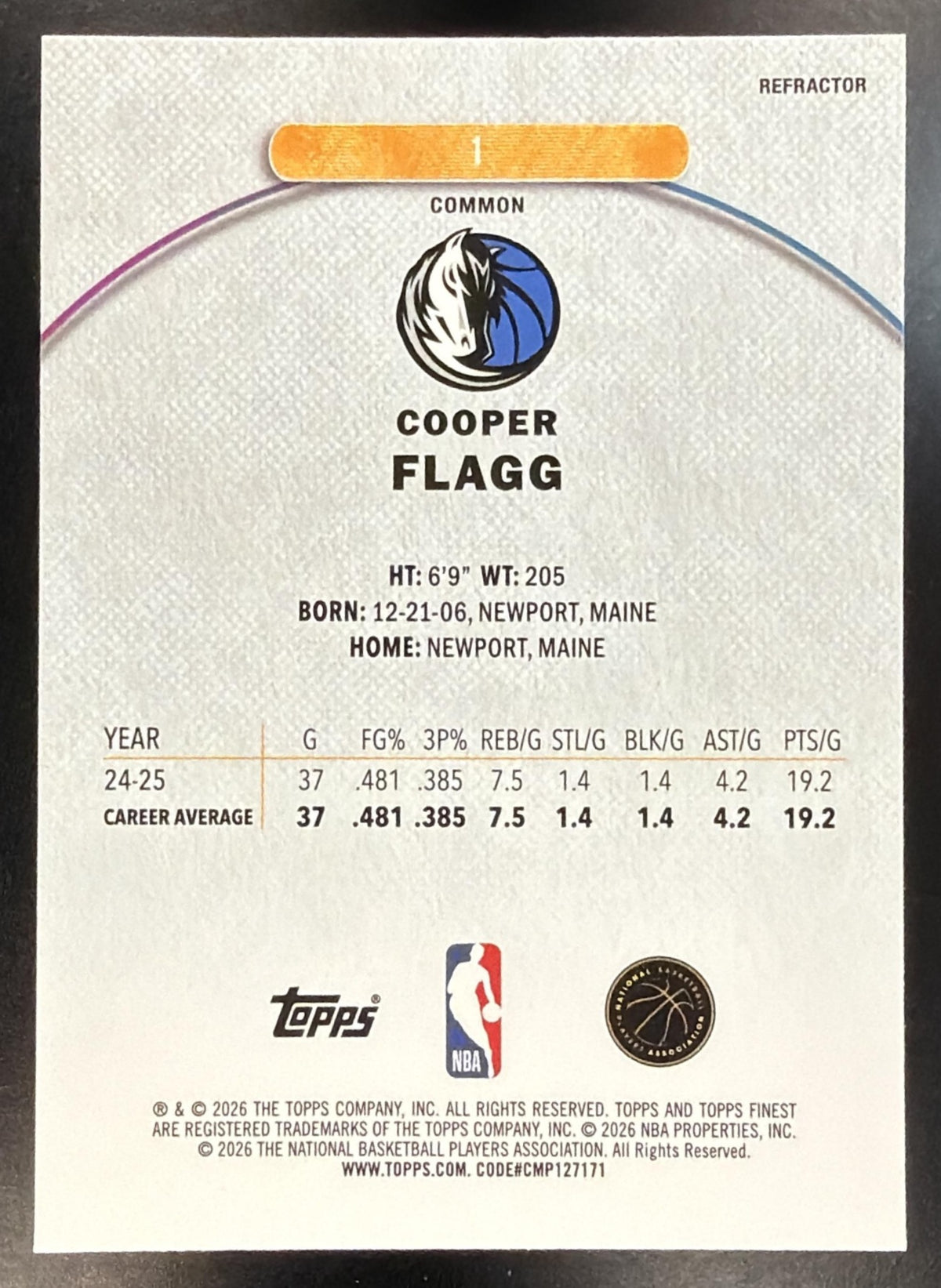 2025-26 Topps Finest Cooper Flagg #1 Common Refractor RC
