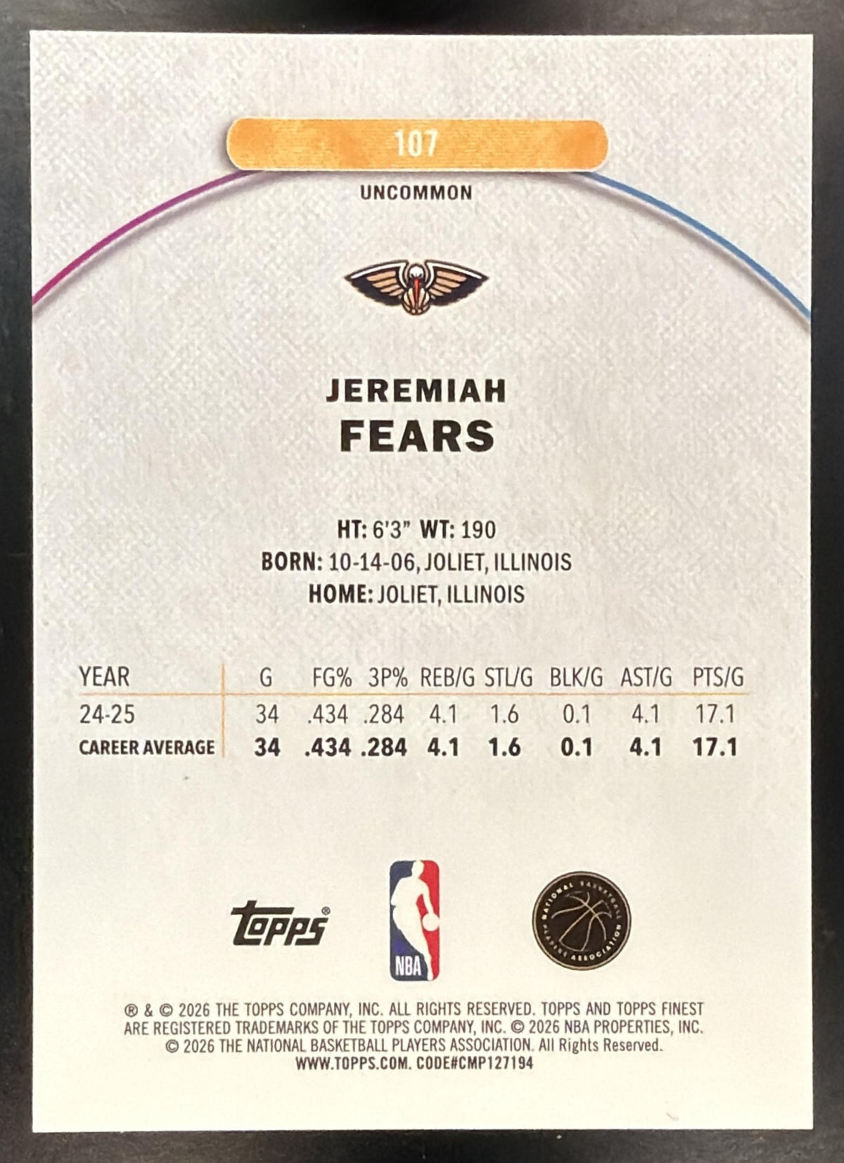 2025 Topps Finest Jeremiah Fears #107 Uncommon Blue Geometric Refractor 42/50 RC