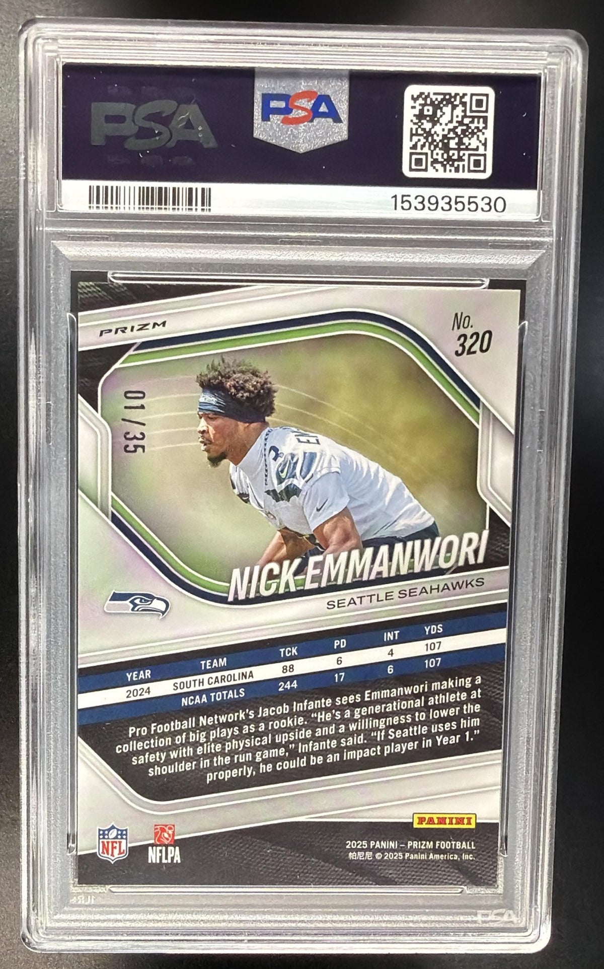2025 Panini Prizm Nick Emmanwori #320 Blue Shimmer 1/35 RC PSA 9