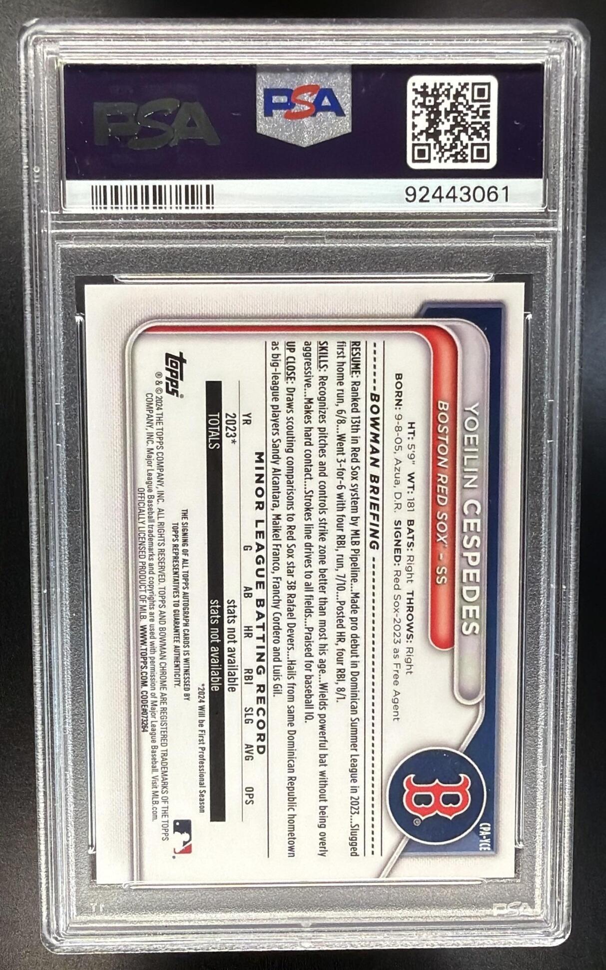 2024 Bowman Yoeilin Cespedes #CPA-YCE Chrome Auto Blue Refractor /150 1st Prospect PSA 9