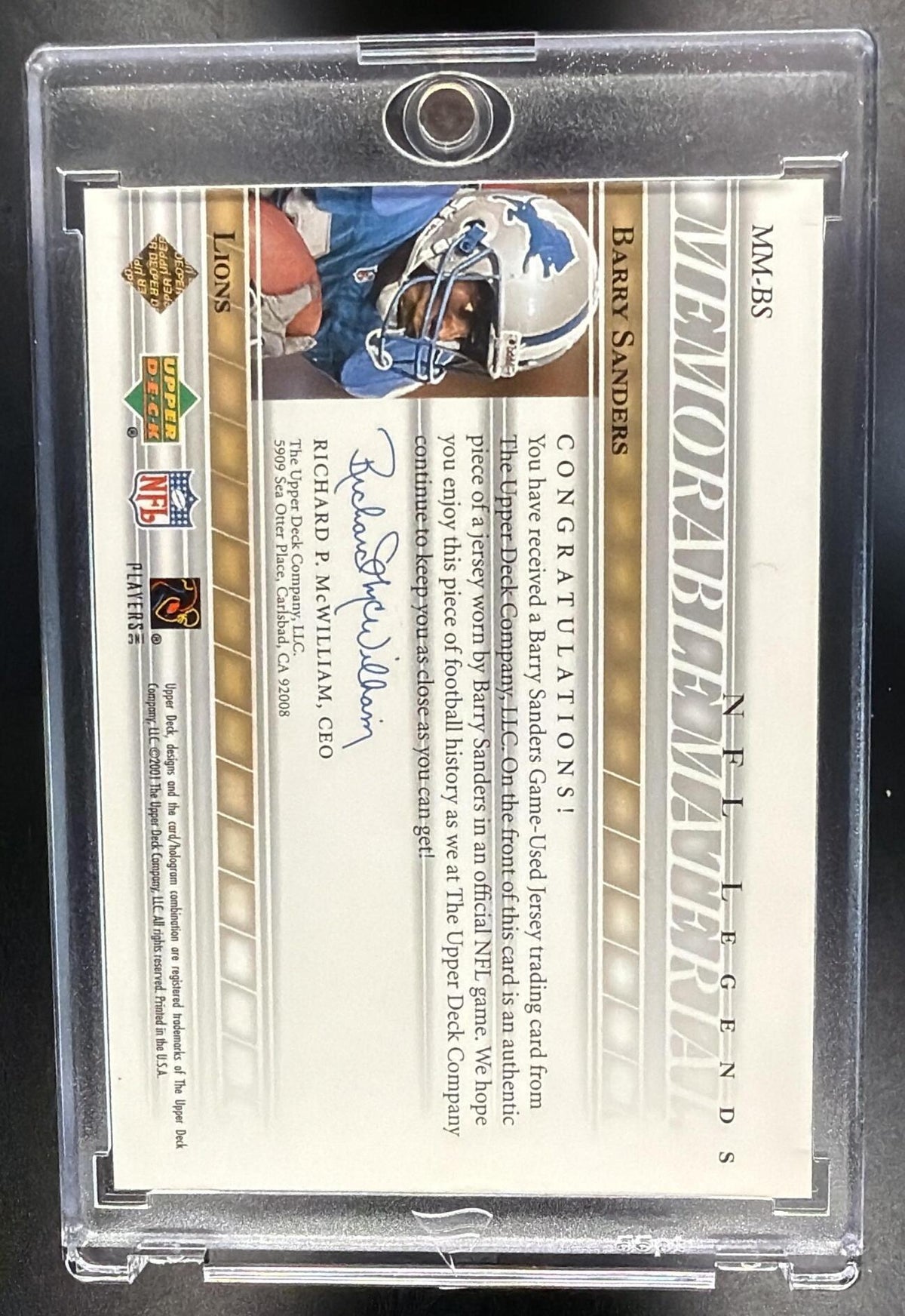 2001 Upper Deck Legends Barry Sanders #MM-BS Memorable Materials