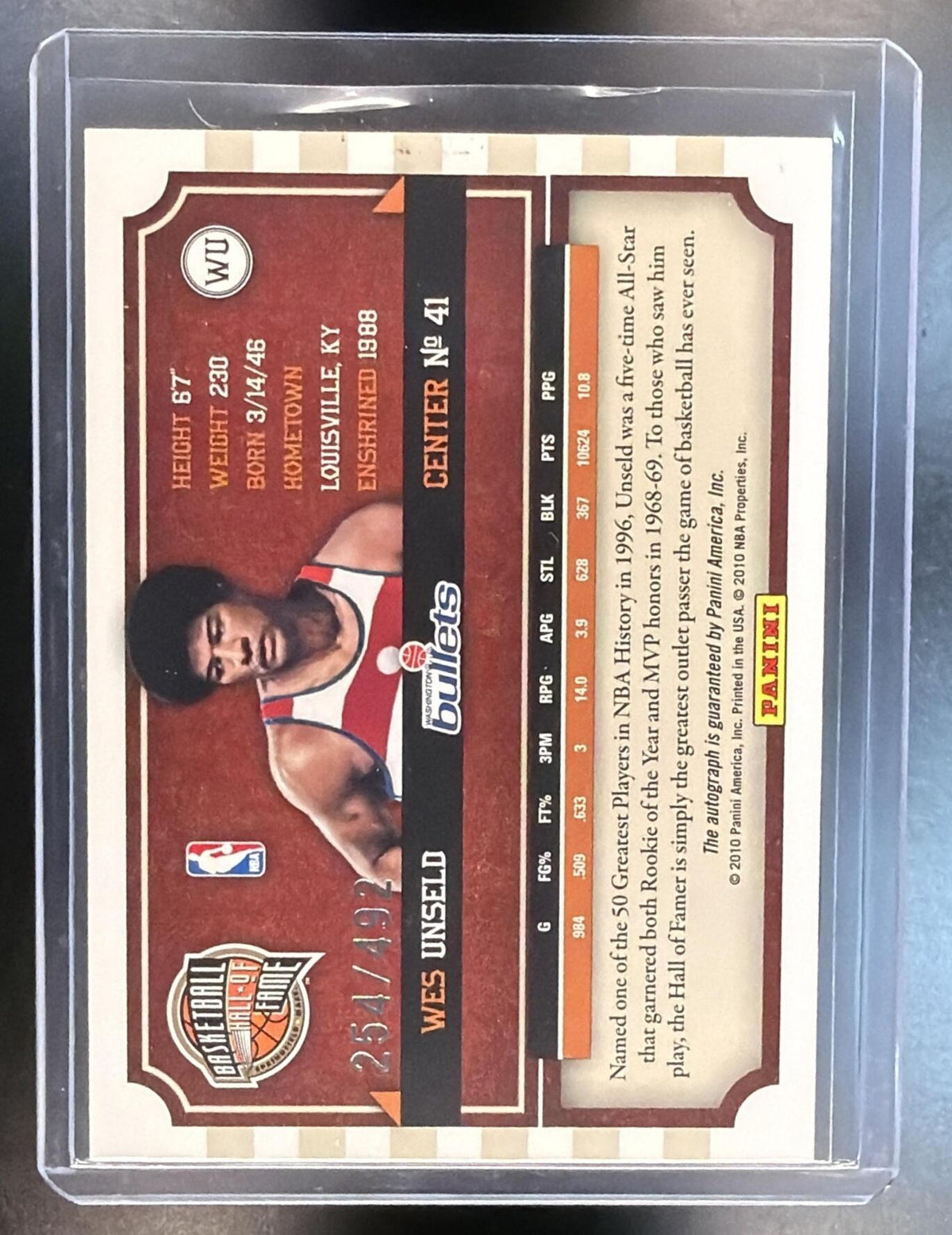 2010 Panini Hall of Fame Wes Unseld #WU Famed Signatures Auto 254/492 Washington