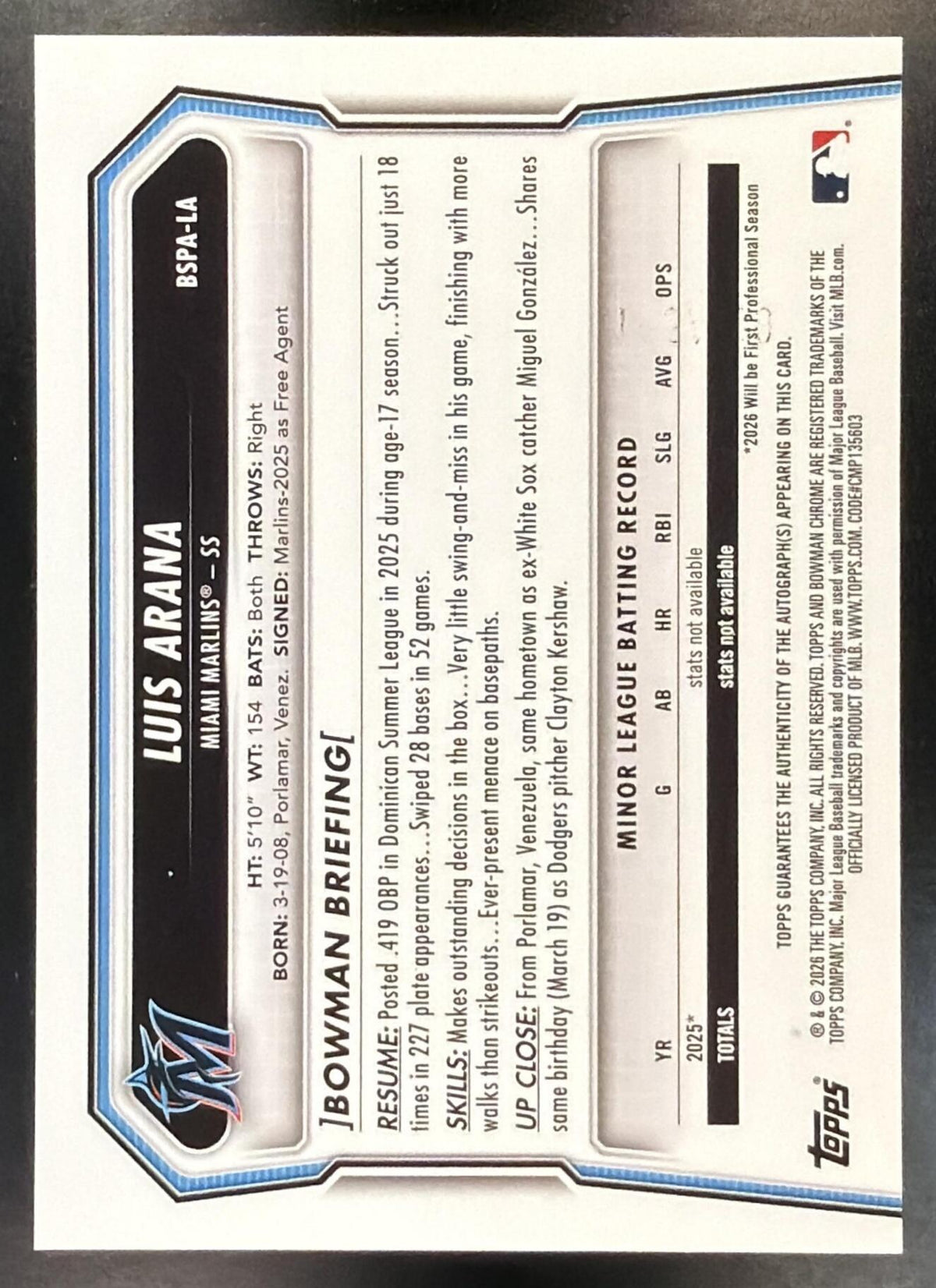2026 Bowman Sapphire Luis Arana #BSPA-LA Chrome Auto 194/199 1st Prospect Marlins