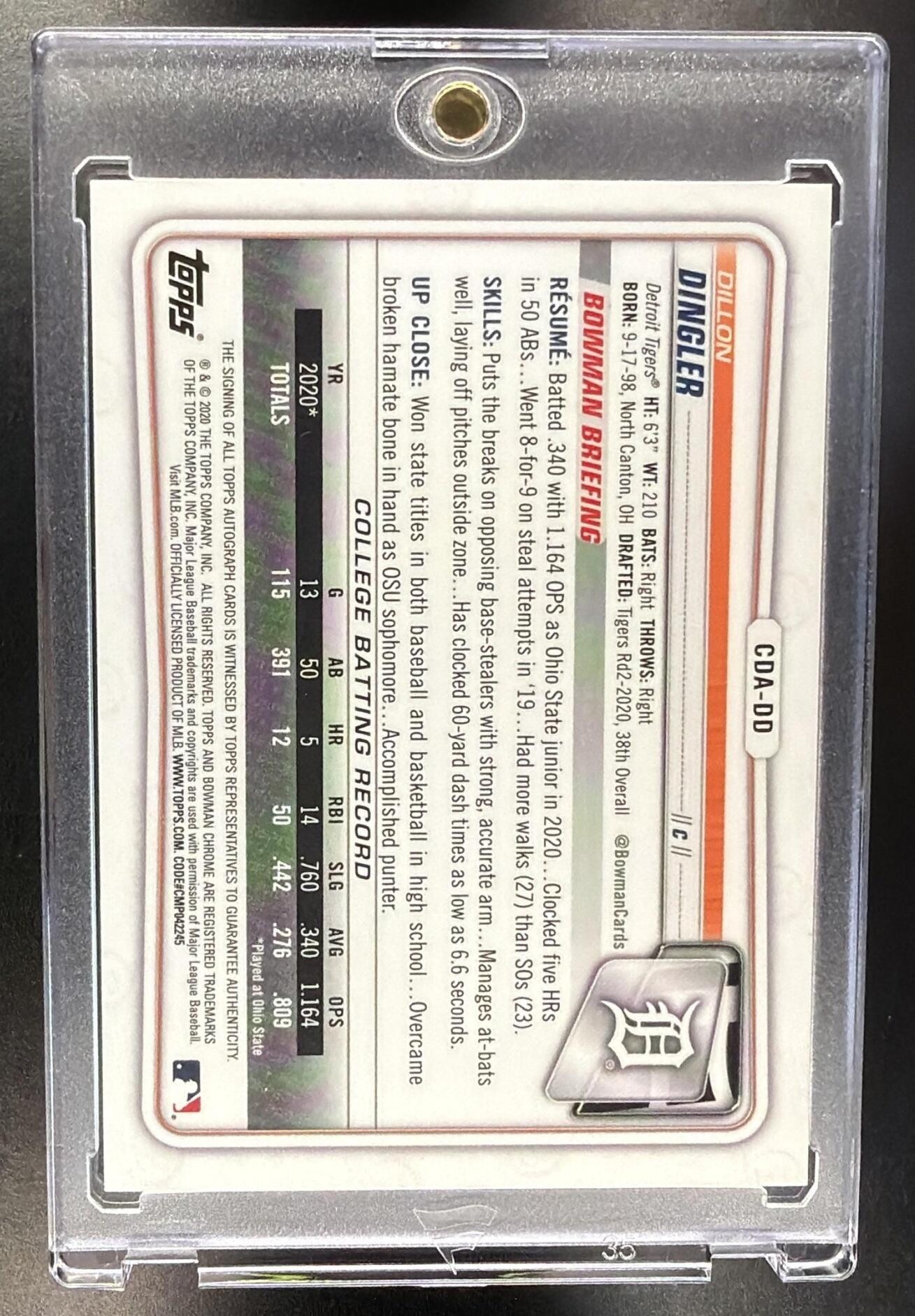 2020 Bowman Draft Dillon Dingler #CDA-DD Chrome Pick Auto Purple Refractor /250