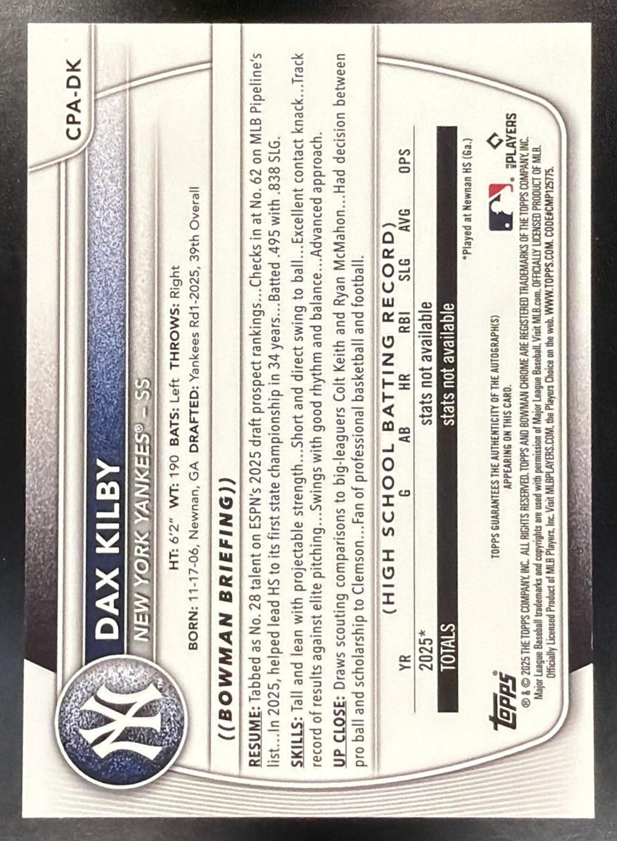 2025 Bowman Draft Baseball Dax Kilby #CPA-DK Chrome Auto 1st
