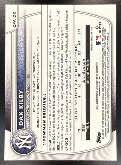 2025 Bowman Draft Baseball Dax Kilby #CPA-DK Chrome Auto 1st