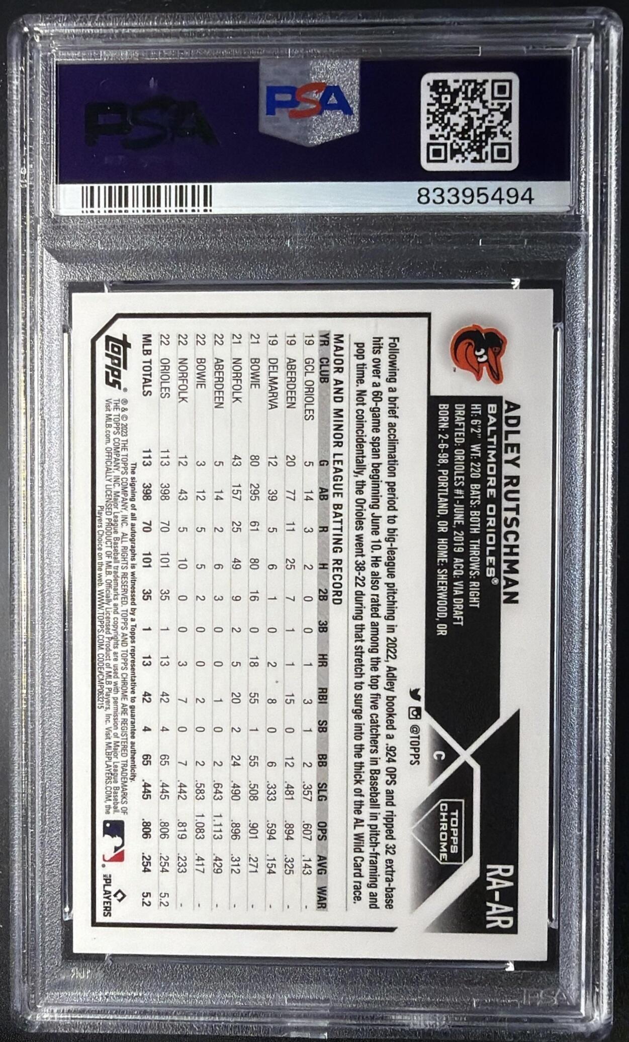 2023 Topps Chrome Adley Rutschman #RA-AR Rookie Auto Blue RayWave Refractor /150 PSA 10