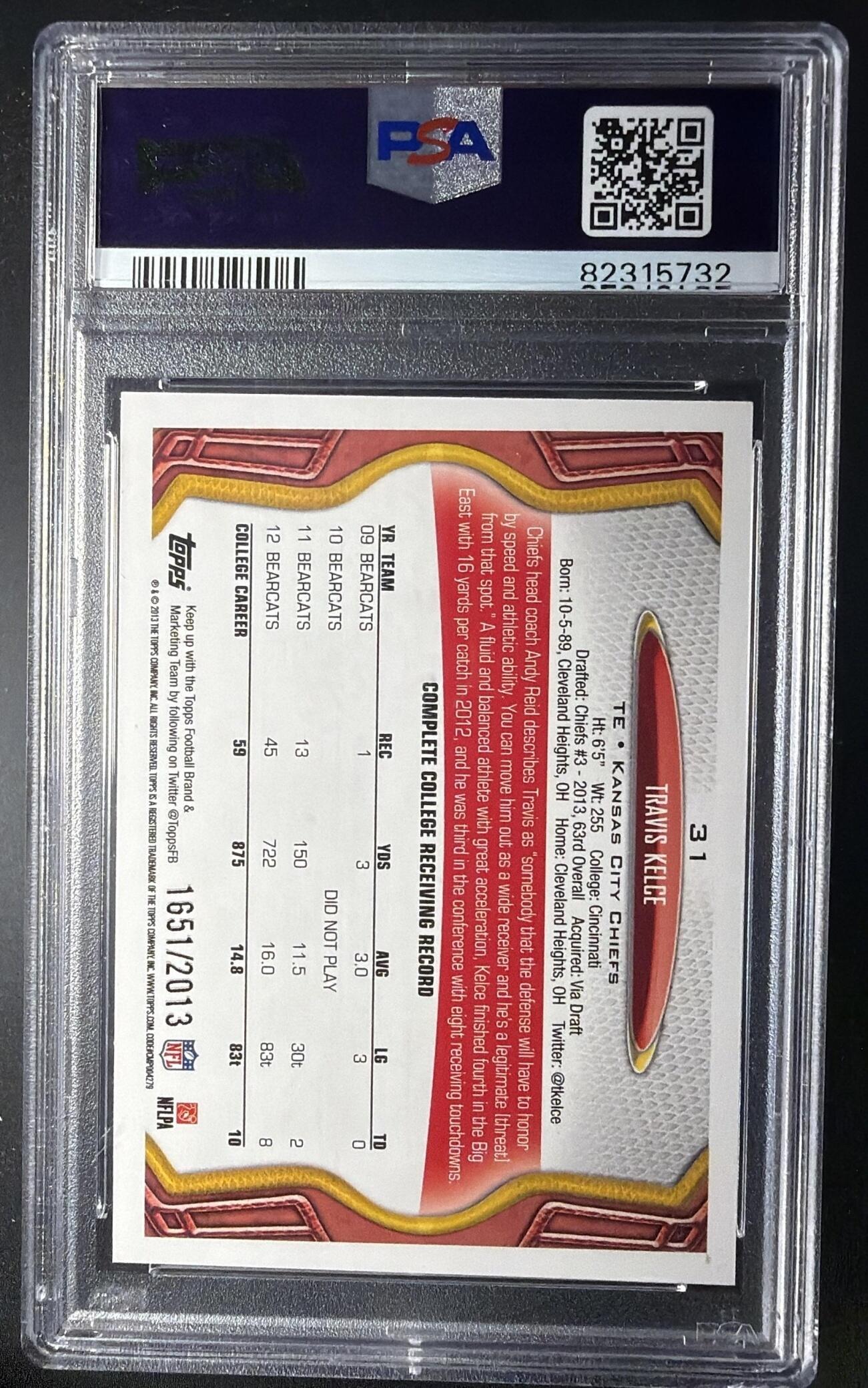 2013 Topps Travis Kelce #31 Gold 1651/2013 RC PSA 9