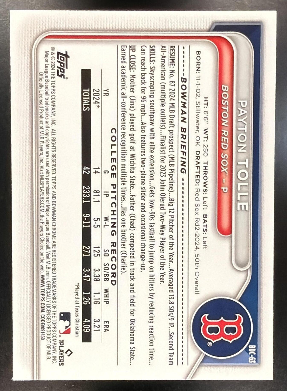 2024 Bowman Draft Payton Tolle #BDC-63 Chrome Yellow Lunar Refractor /75 1st Prospect