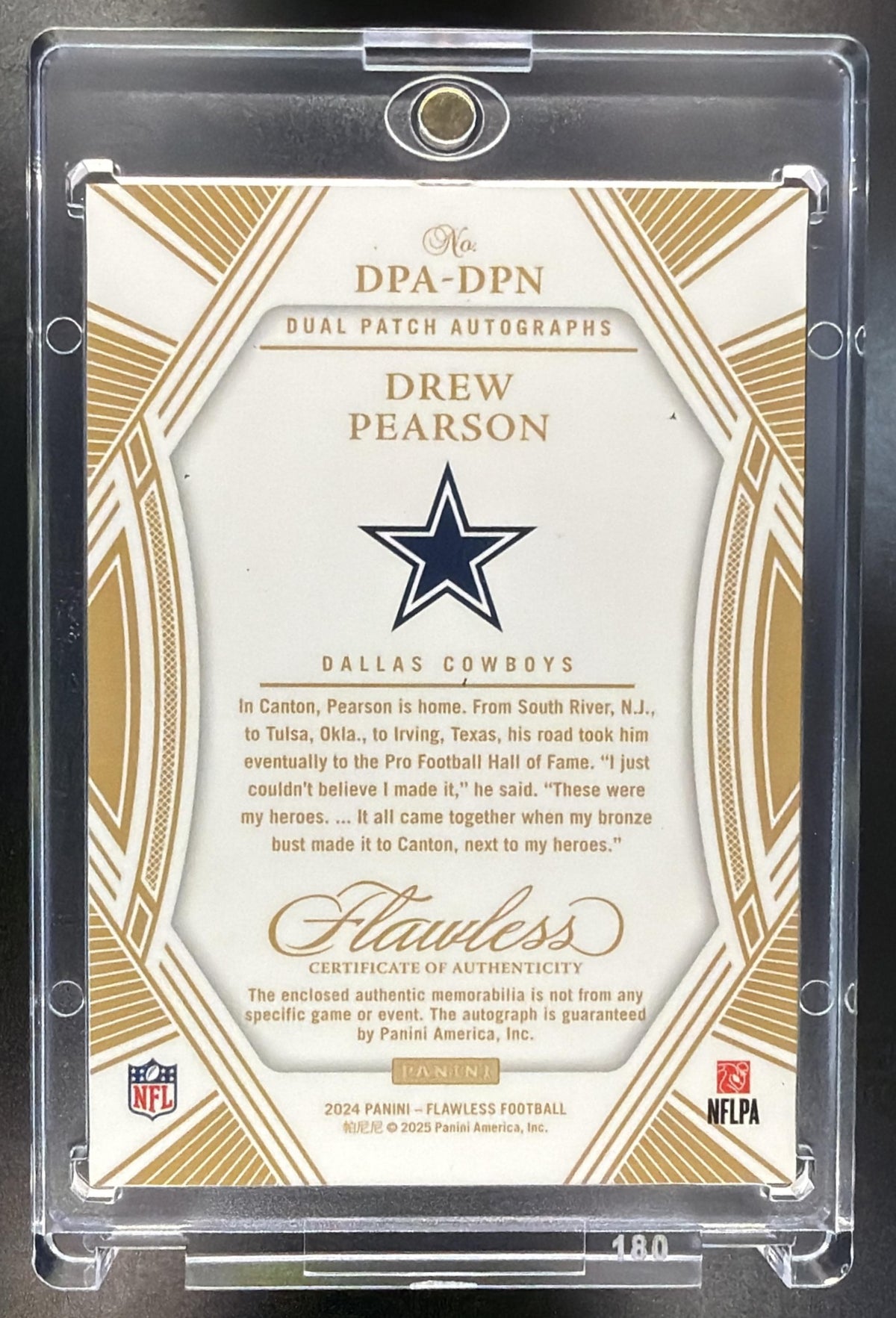 2024 Panini Flawless Drew Pearson #DPA-DPN Dual Patch Auto Emerald 4/5 MEM