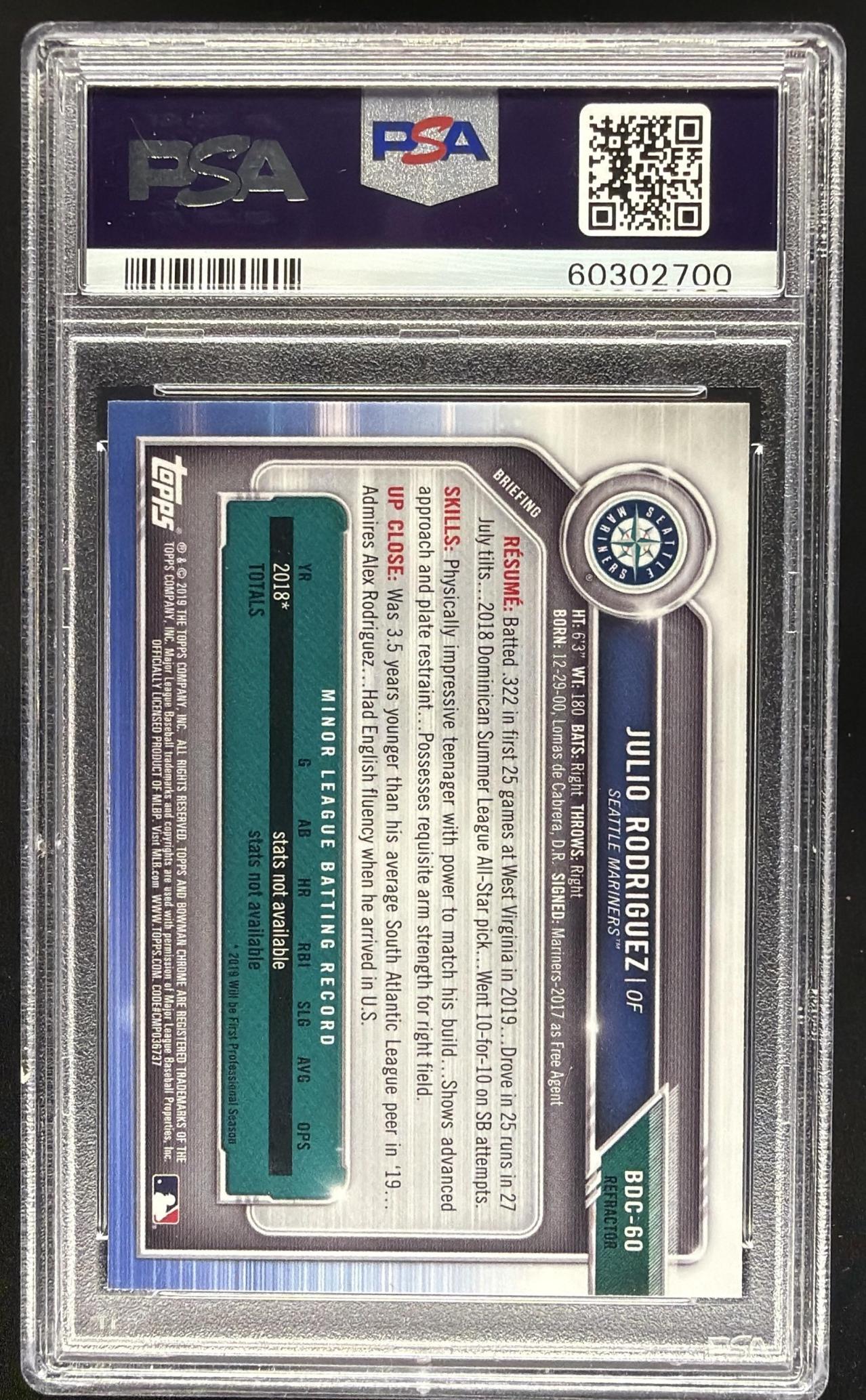 2019 Bowman Draft Julio Rodriguez #BDC-60 Chrome Refractor PSA 10
