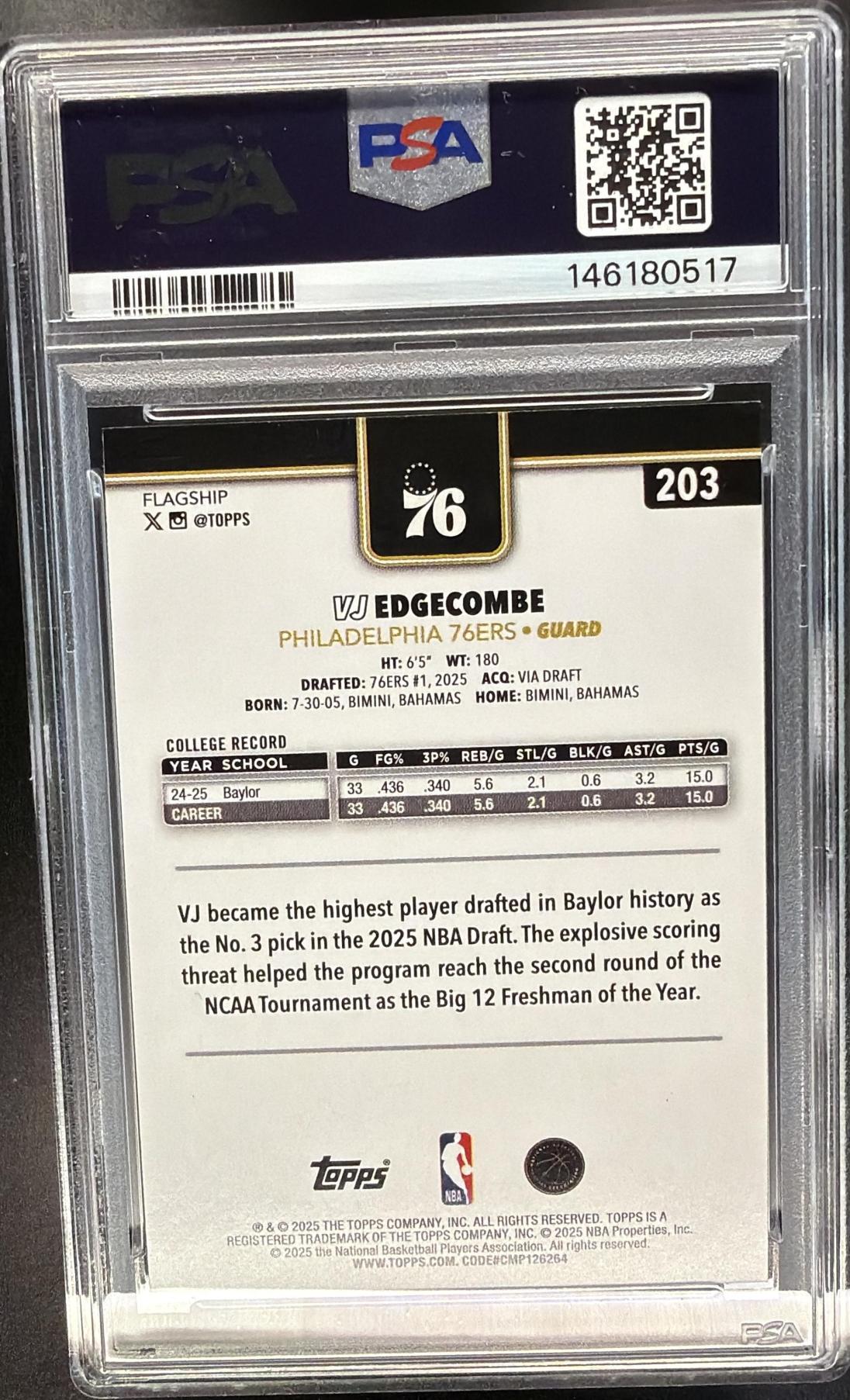 2025-26 Topps VJ Edgecombe #203 Blackout Variation PSA 9
