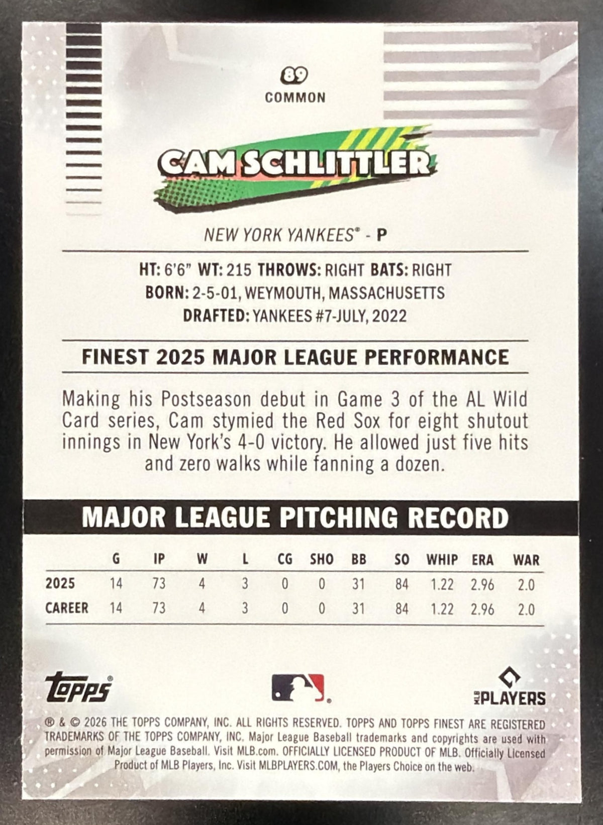 2026 Topps Finest Cam Schlittler #89 Green Refractor 84/99 RC