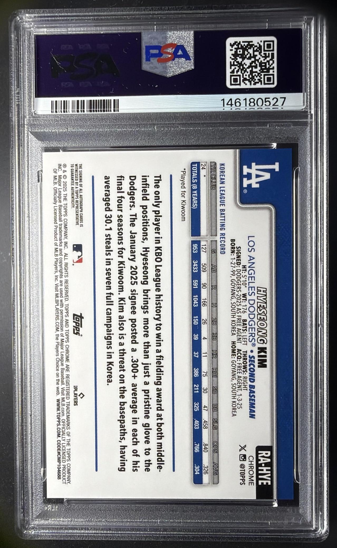 2025 Topps Chrome Hyeseong Kim #RA-HYE Rookie Auto RC PSA 9
