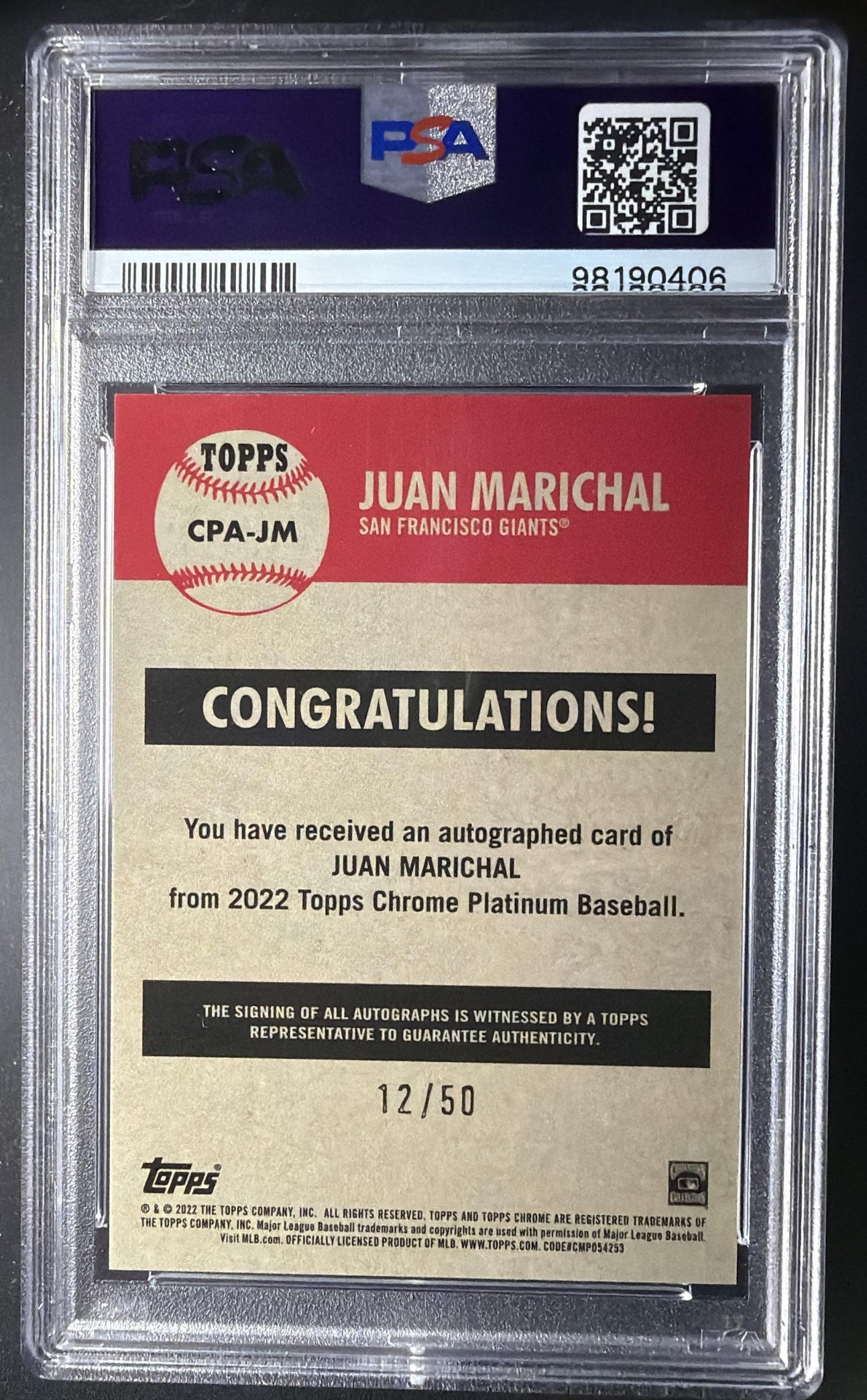 2022 Topps Chrome Platinum Anniversary Juan Marichal #CPA-JM Auto Gold Refractor /50 PSA 10