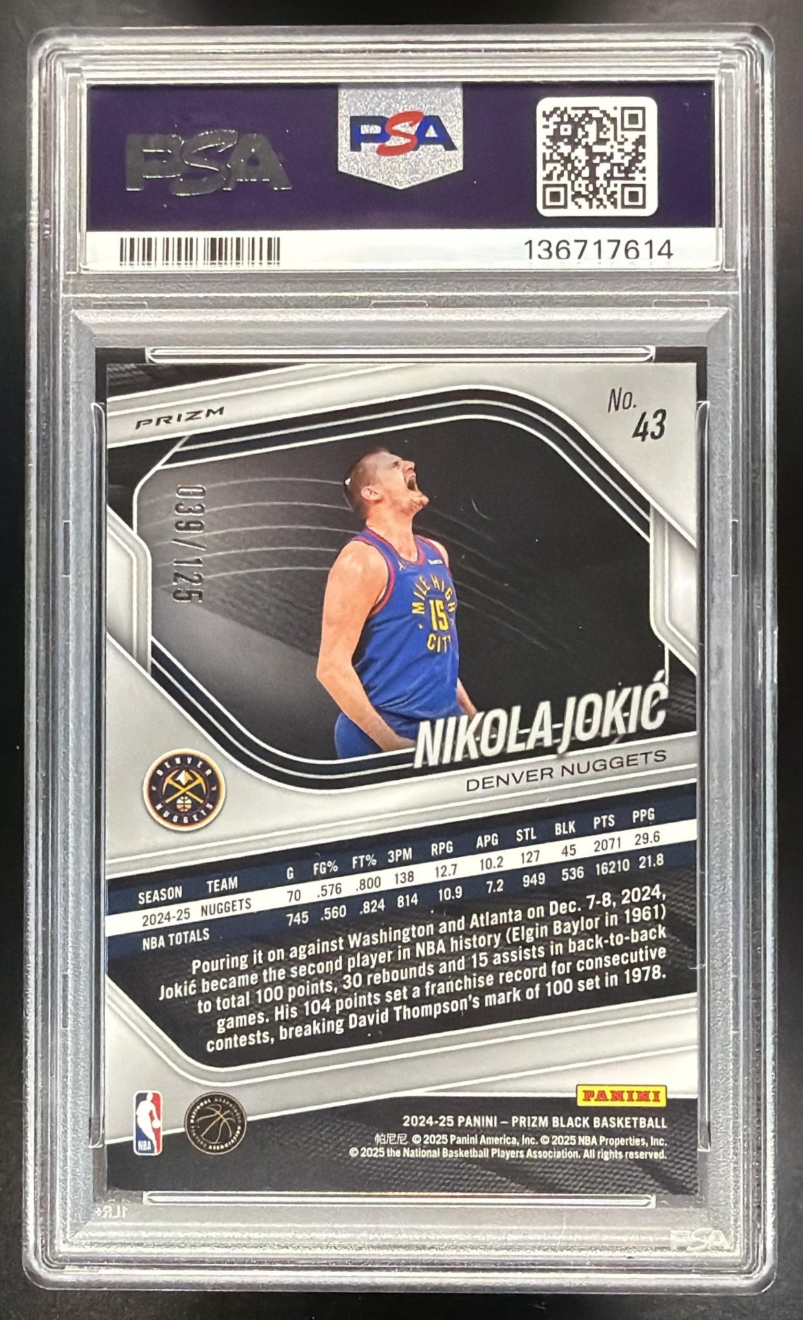 2024-25 Panini Prizm Black Nikola Jokic #43 Blue Ice Prizms 39/125 PSA 10