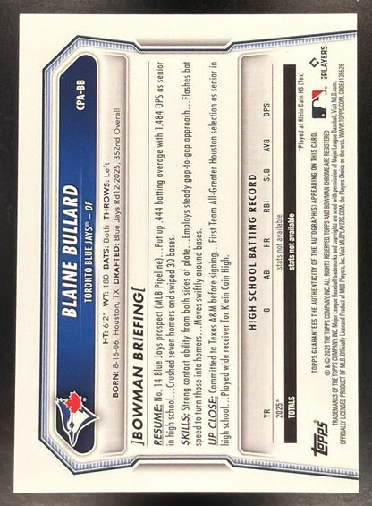 2926 Bowman Baseball Blaine Bullard #CPA-BB 1st Blue X-Fractor Auto 117/150