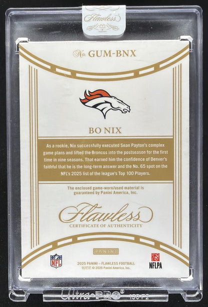 2025 Panini Flawless Bo Nix #GUM-BNX Game Used Memorabilia Silver 2/25 MEM