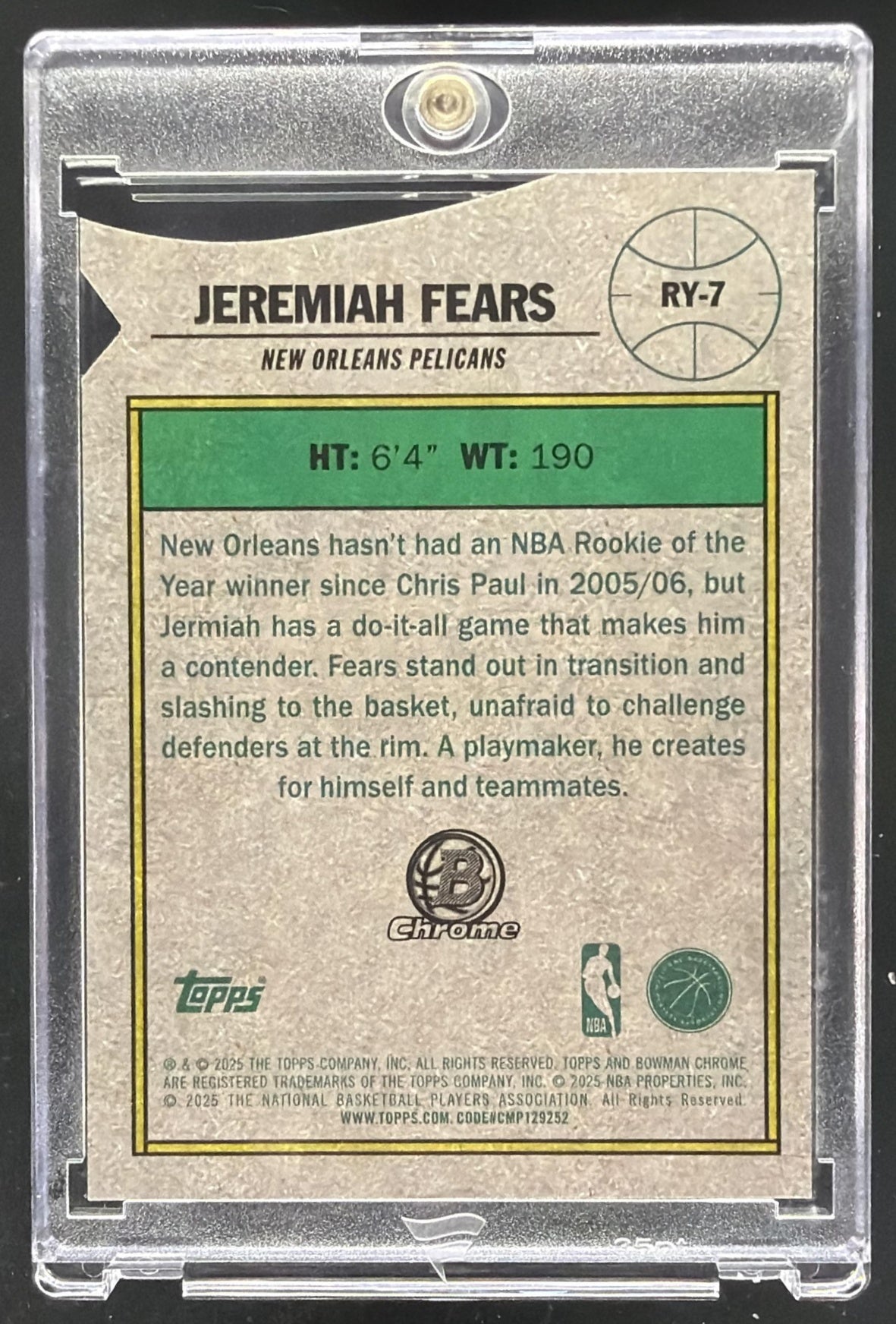 2025-26 Bowman Jeremiah Fears #RY-7 ROY Favorites Chrome RC Black /10