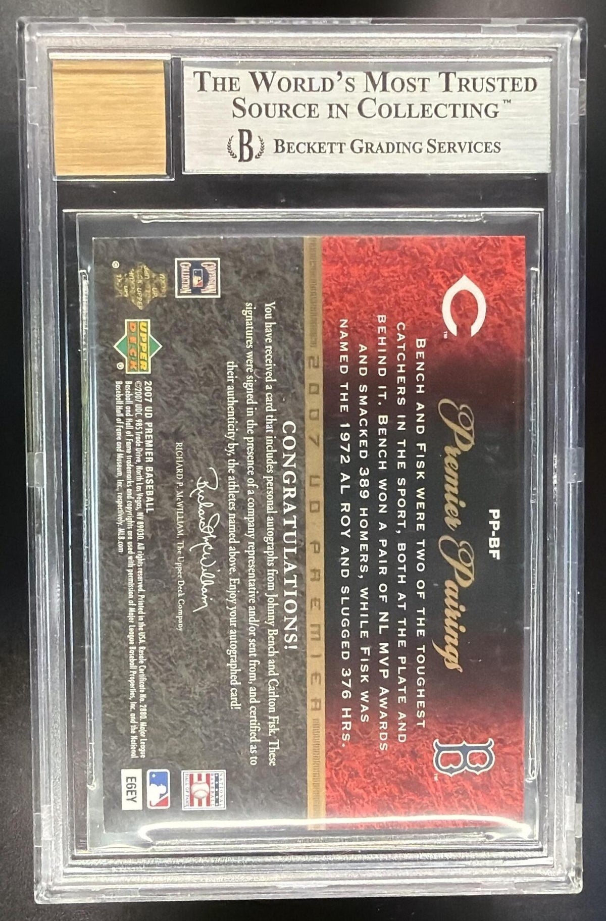 2007 SP Legendary Cuts Johnny Bench #LS-JB2 Signatures 10/199 Auto BGS 9
